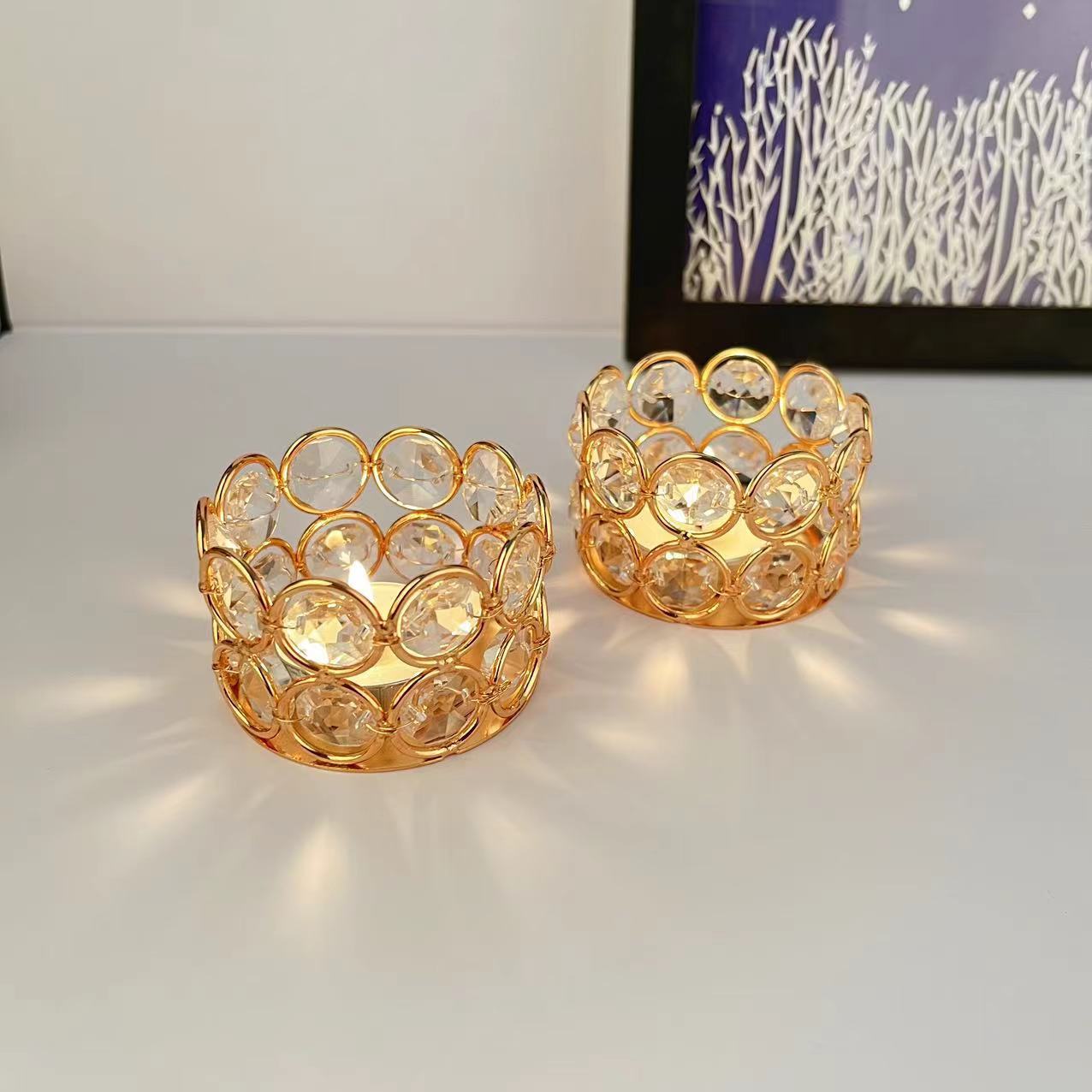 Gold Crystal Candle Cup Romantic Iron Candle Holder Warm Candlestick Ornaments