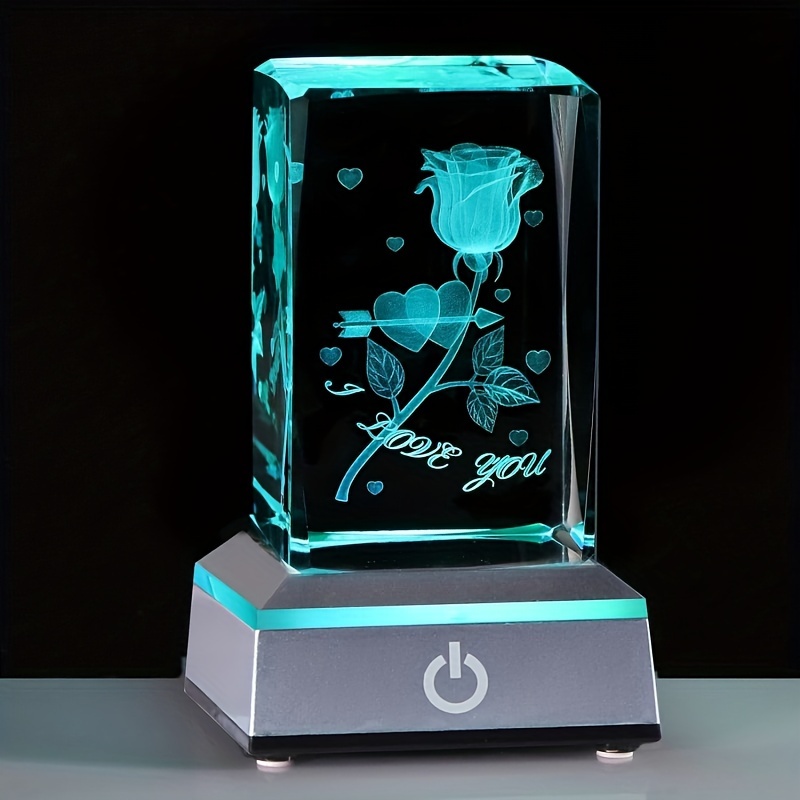 1 Pc 3D Cupid Rose Crystal Ball With Led Base, Romantic I Love You Flower Night Light